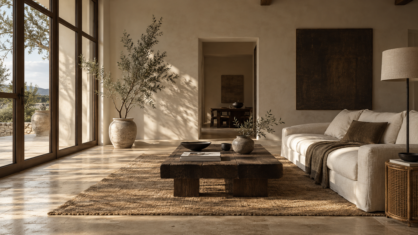 Editorial room inspiration with linen seating, dark wood and natural woven textures